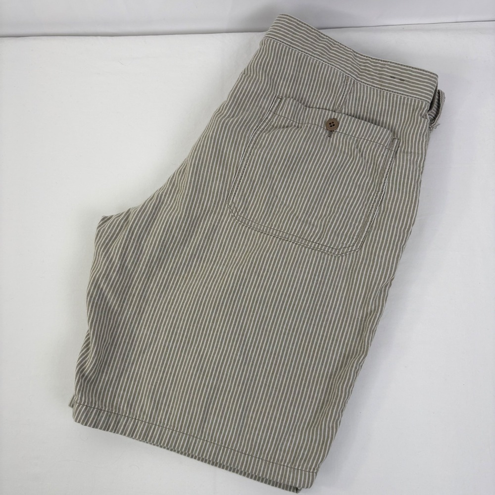 J.Crew Mens Chino Shorts Khaki White Stripe Chambray Lined Button Fly Size 38